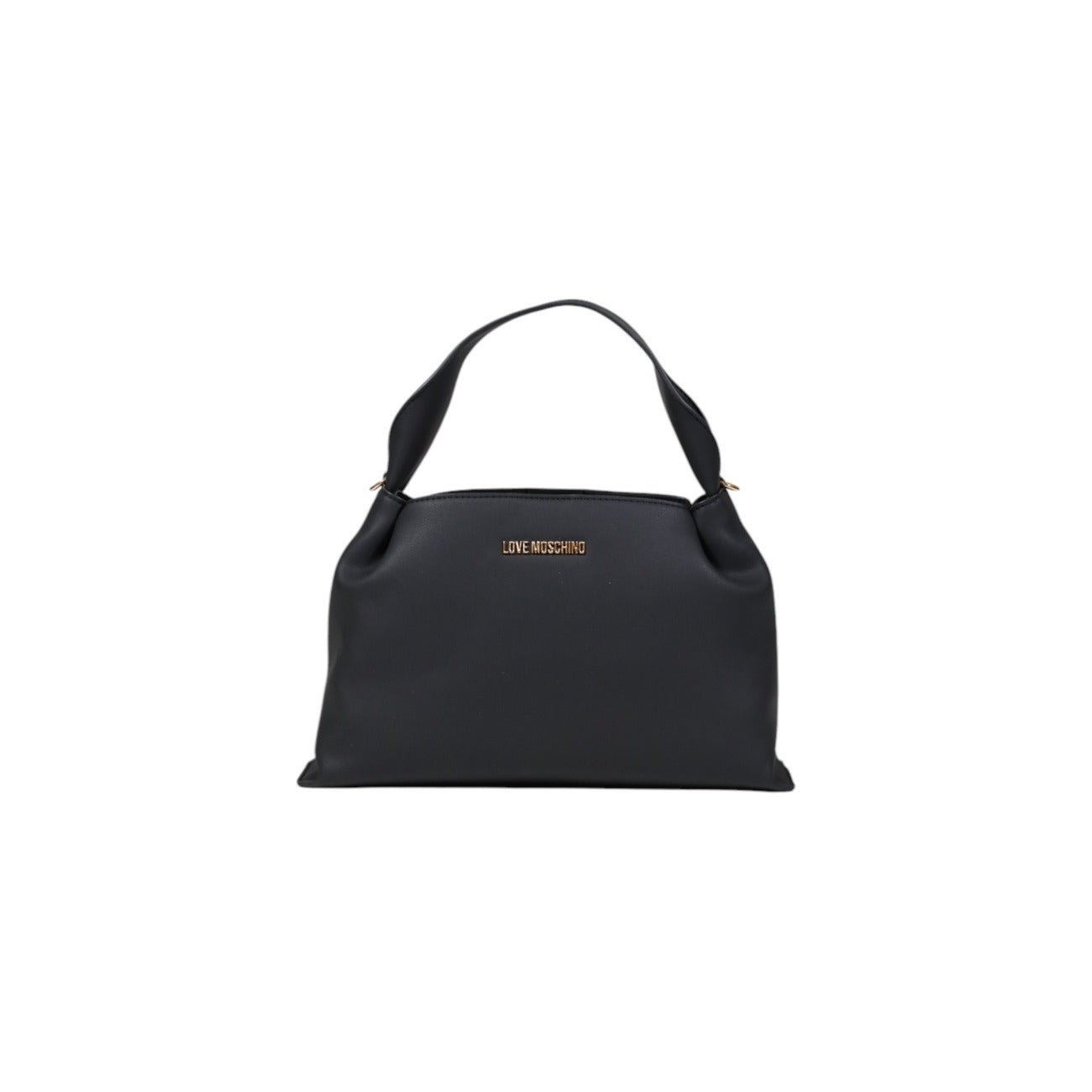 Photo of Love Moschino black handbag with detachable wide logo shoulder strap, gold logo detail, and top handle.