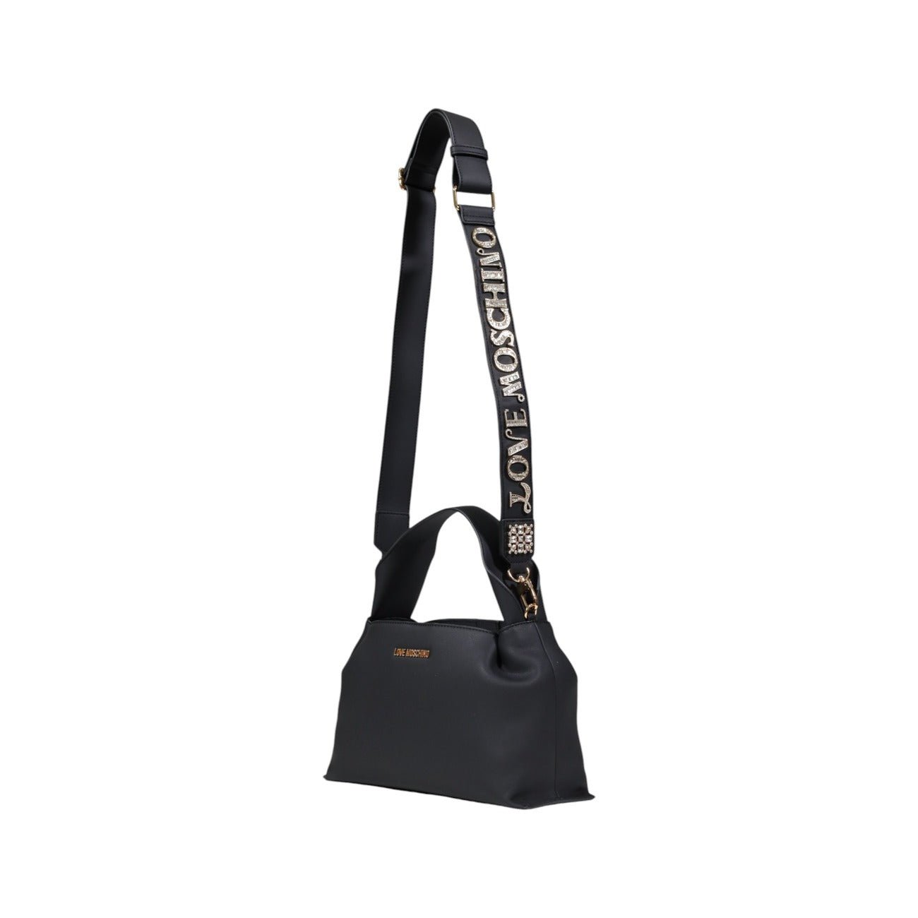 Side view of Love Moschino black handbag with detachable wide logo shoulder strap, gold logo detail, and top handle.