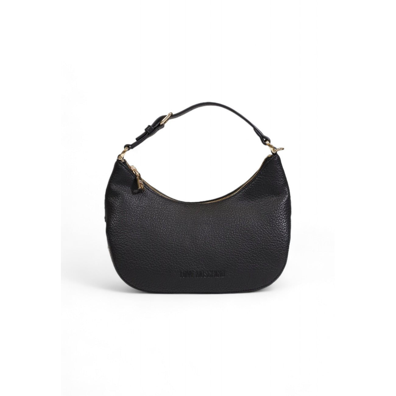 Front view of Love Moschino black handbag with gold LOVE MOSCHINO lettering and zip closure