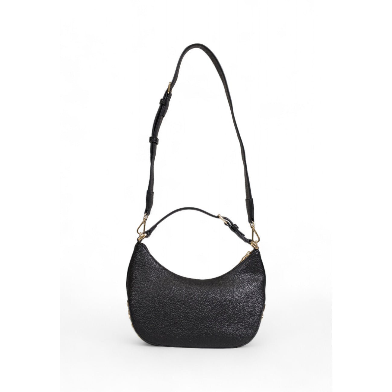 Back view of Love Moschino women's shoulder bag in black faux leather with wide strap