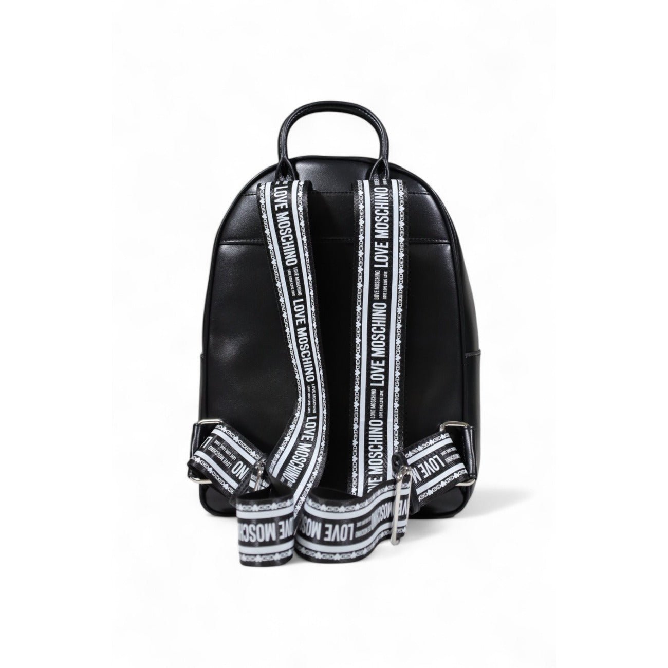 Minimalist Love Moschino backpack in black leather, back view with logo details.