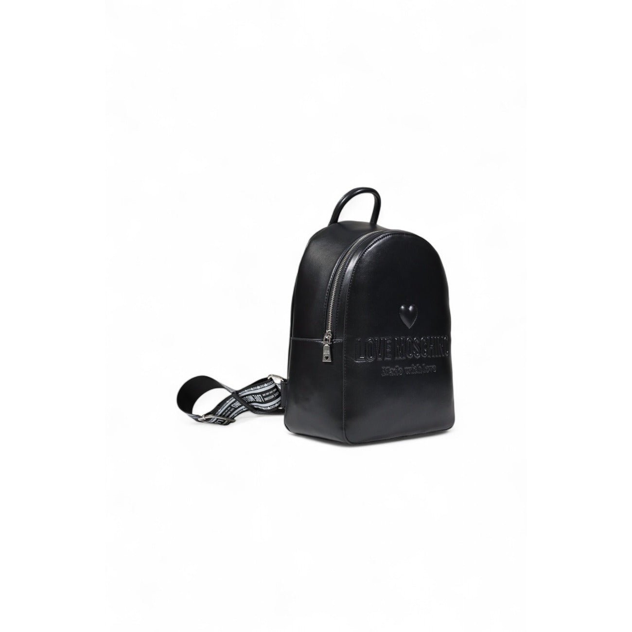 Minimalist Love Moschino backpack in black leather, side view with logo details.