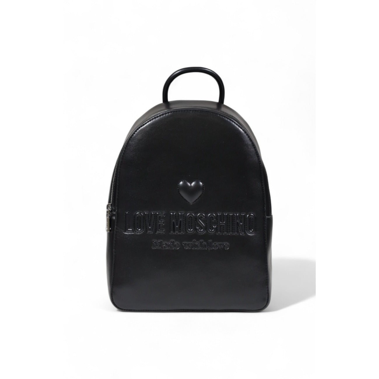 Minimalist Love Moschino backpack in black leather, front view.