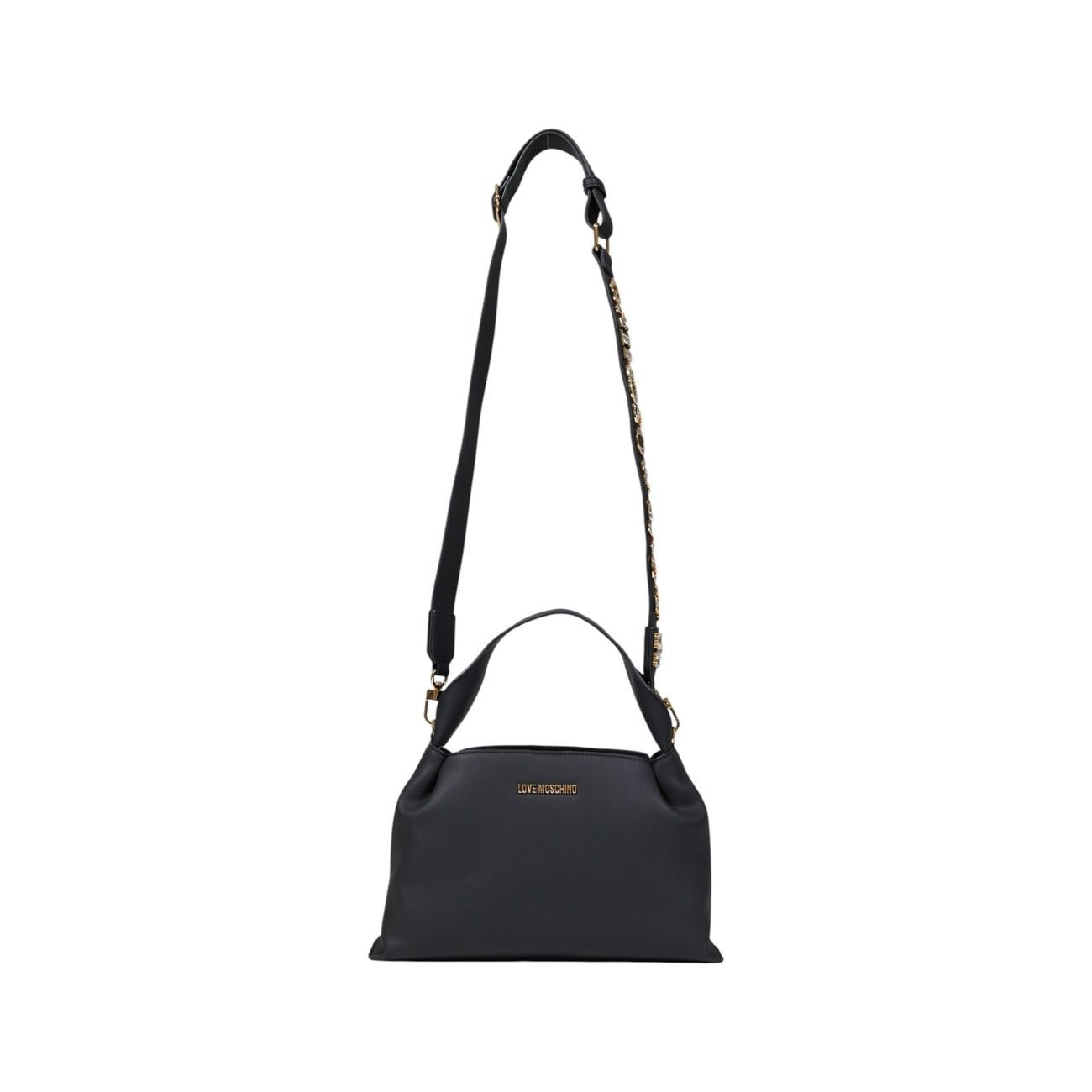 Front view of Love Moschino black handbag with detachable wide logo shoulder strap, gold logo detail, and top handle.