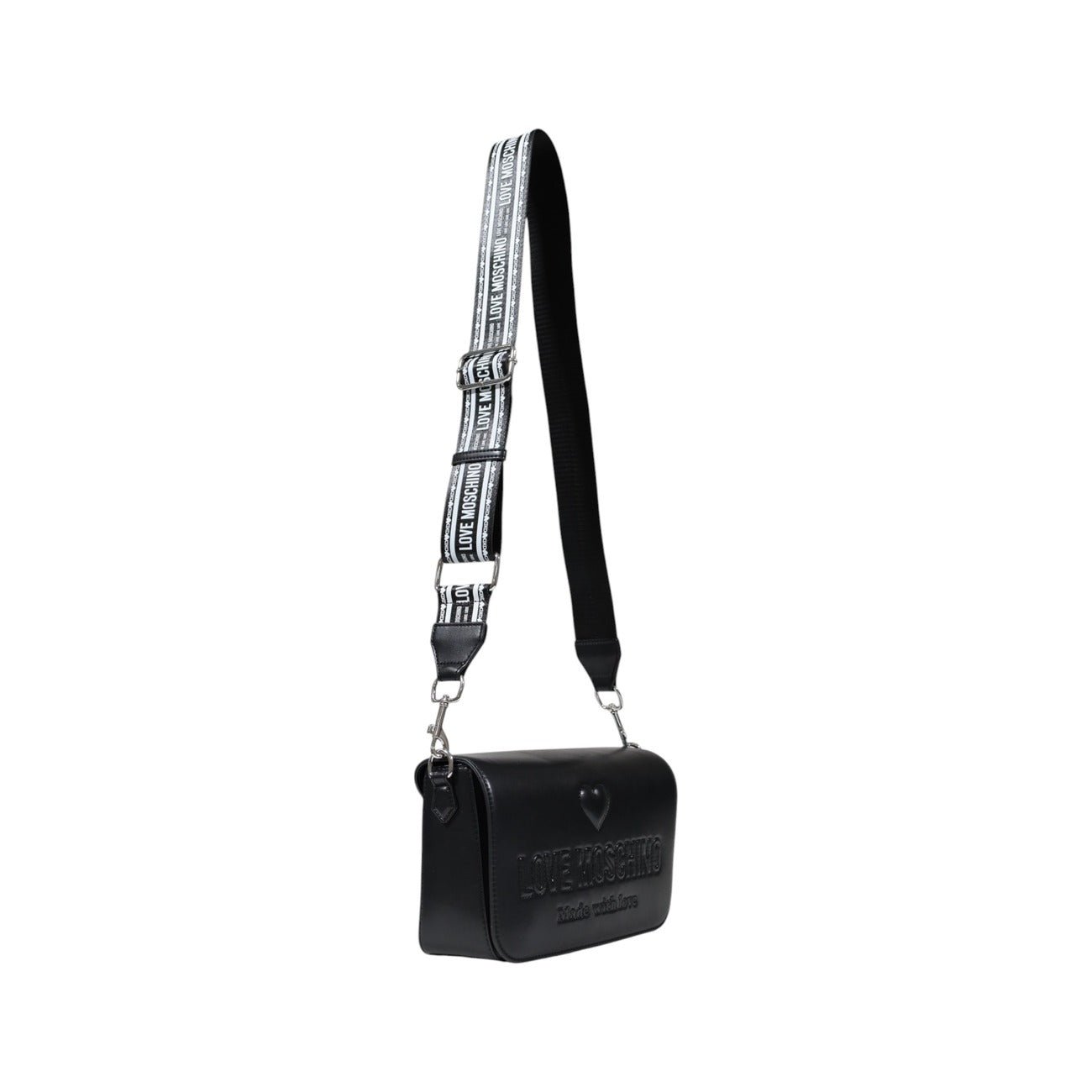 Love Moschino black shoulder bag with bold white logo strap, side view