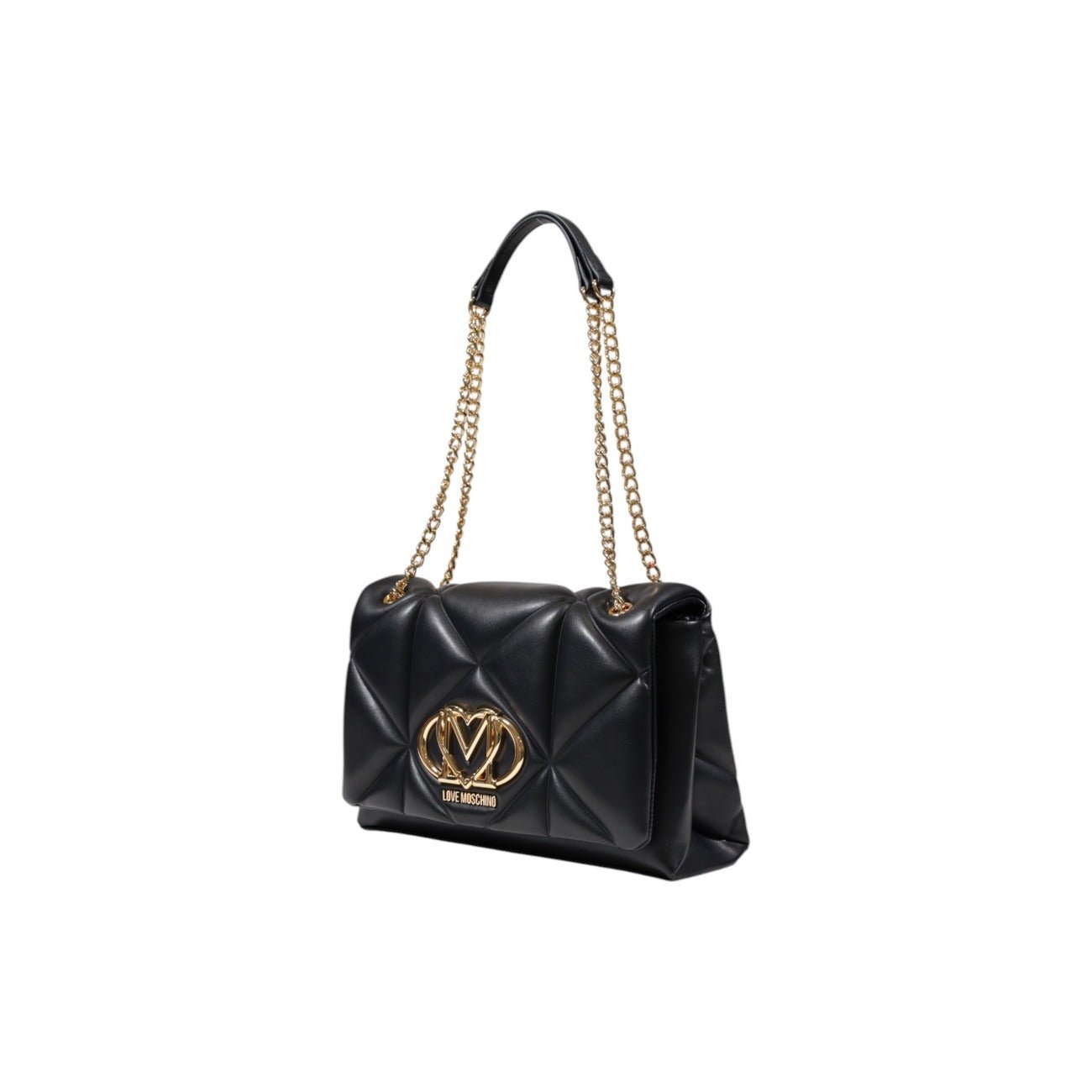 Elegant black quilted shoulder bag by Love Moschino with gold logo and chain strap.