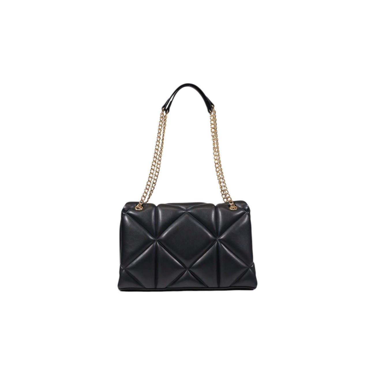 Elegant black quilted shoulder bag by Love Moschino with gold logo and chain strap.