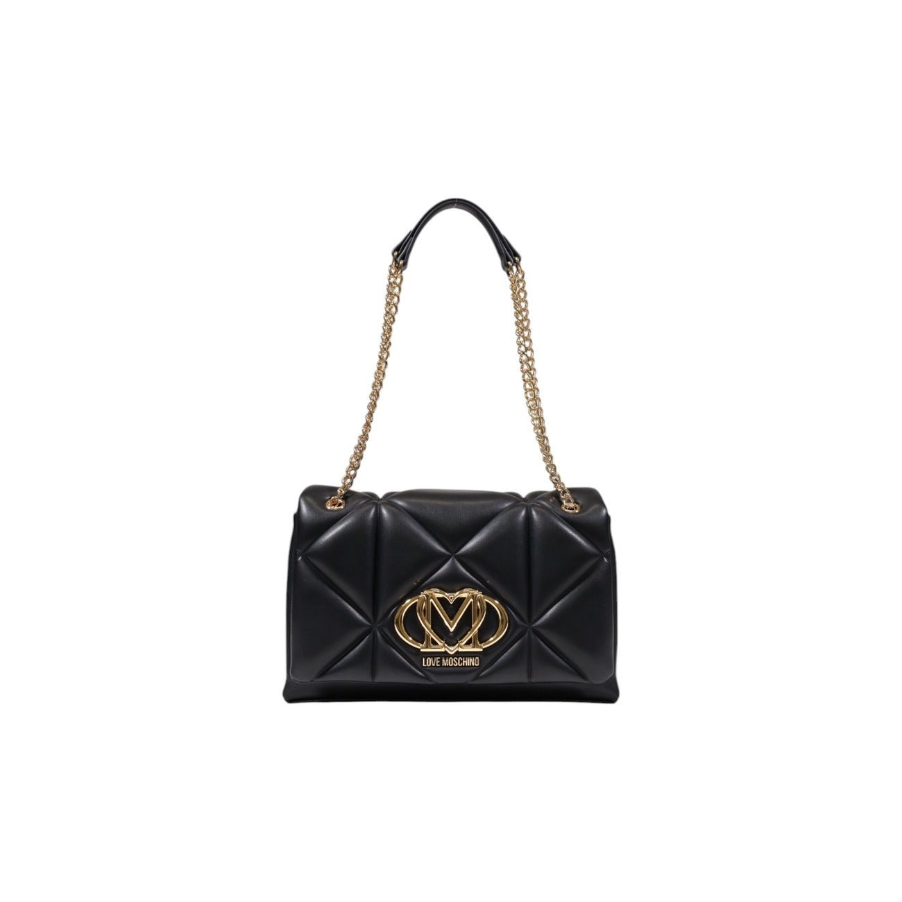 Elegant black quilted shoulder bag by Love Moschino with gold logo and chain strap.
