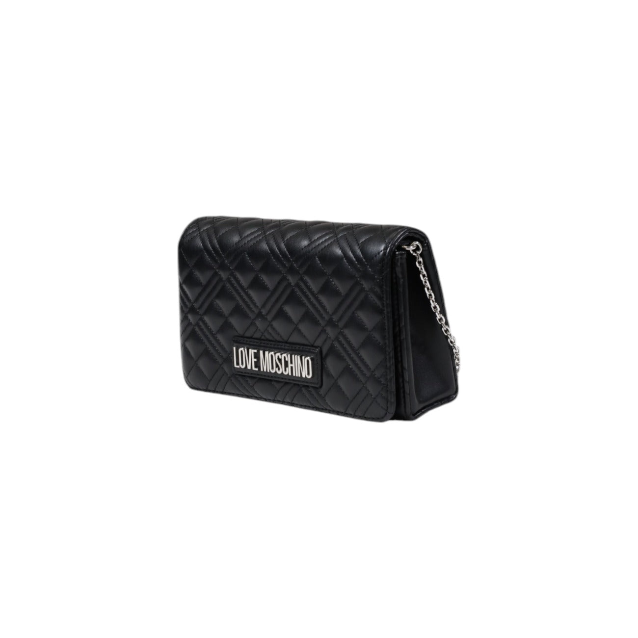 Side view of grey quilted Love Moschino handbag featuring silver chain detailing.