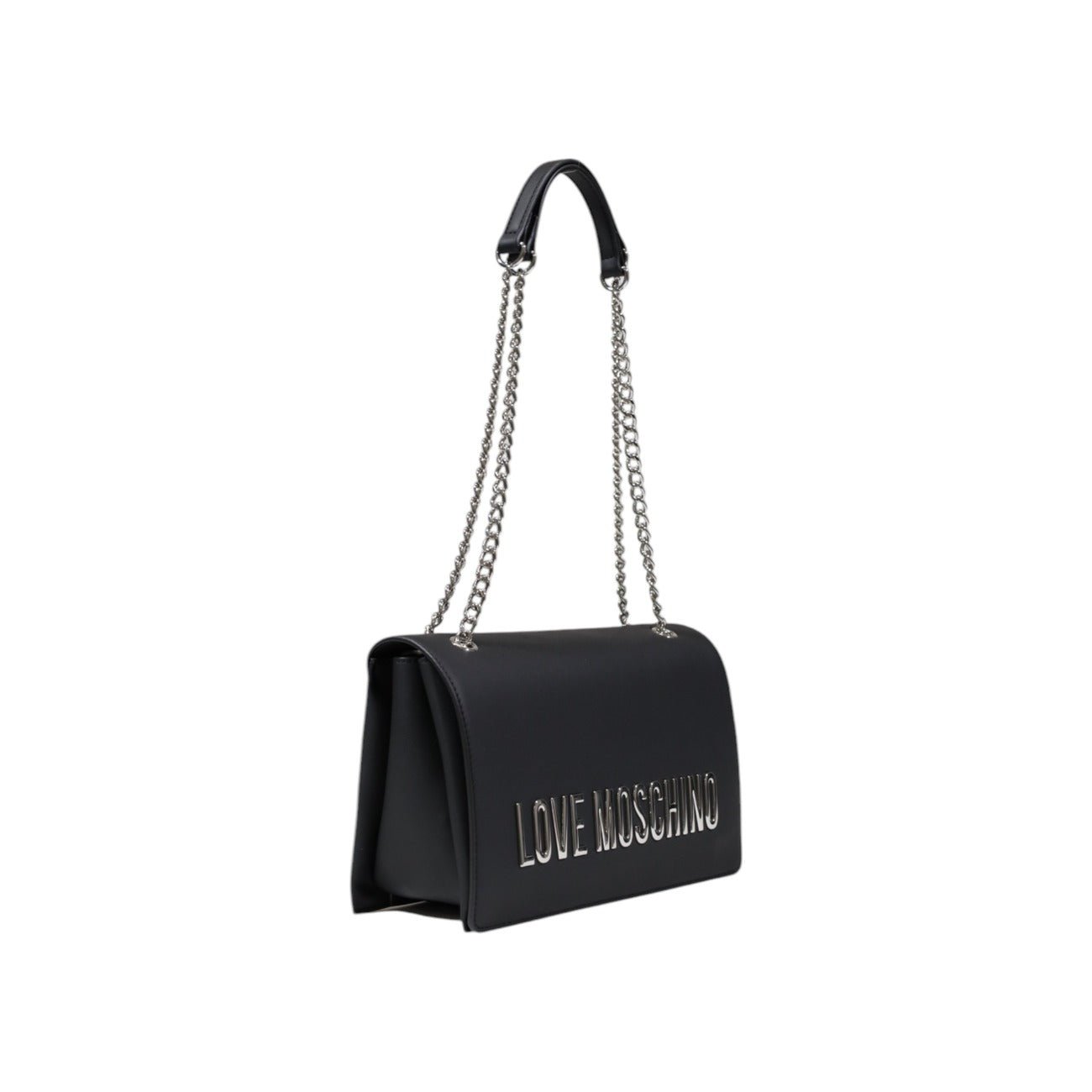 Love Moschino grey monochrome shoulder bag with silver chain strap, another side view showing structured silhouette and bold front logo.