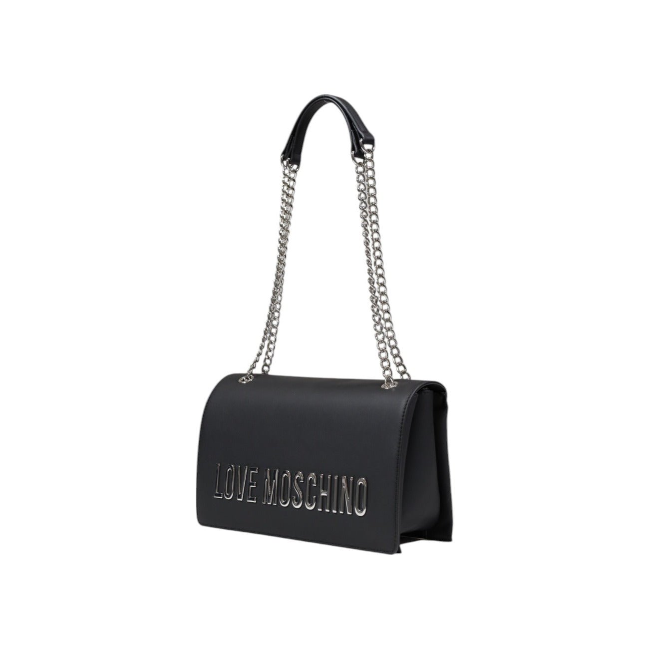 Love Moschino grey monochrome shoulder bag with silver chain strap, side view showing structured silhouette and bold front logo.