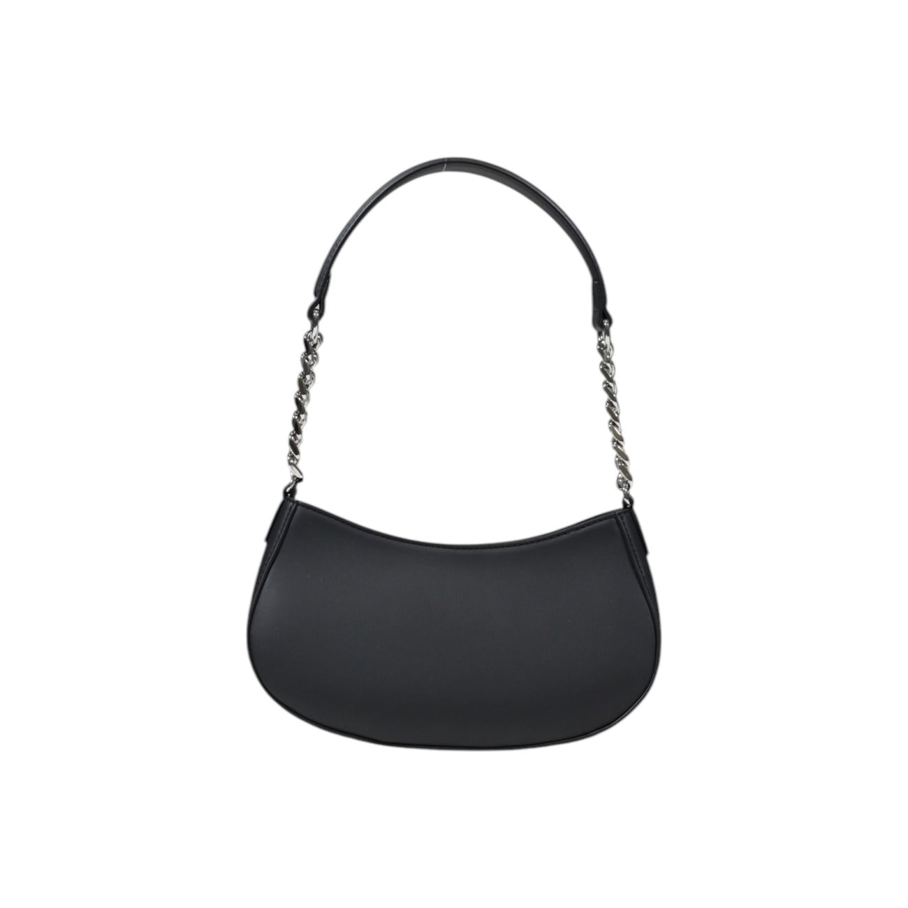 Back of Love Moschino grey handbag with silver-tone chain strap and bold front logo, Spring/Summer collection.