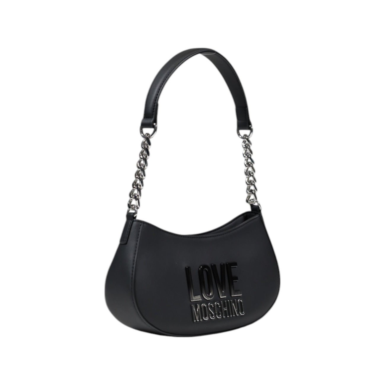 Side view of Love Moschino grey handbag with silver-tone chain strap and bold front logo, Spring/Summer collection.