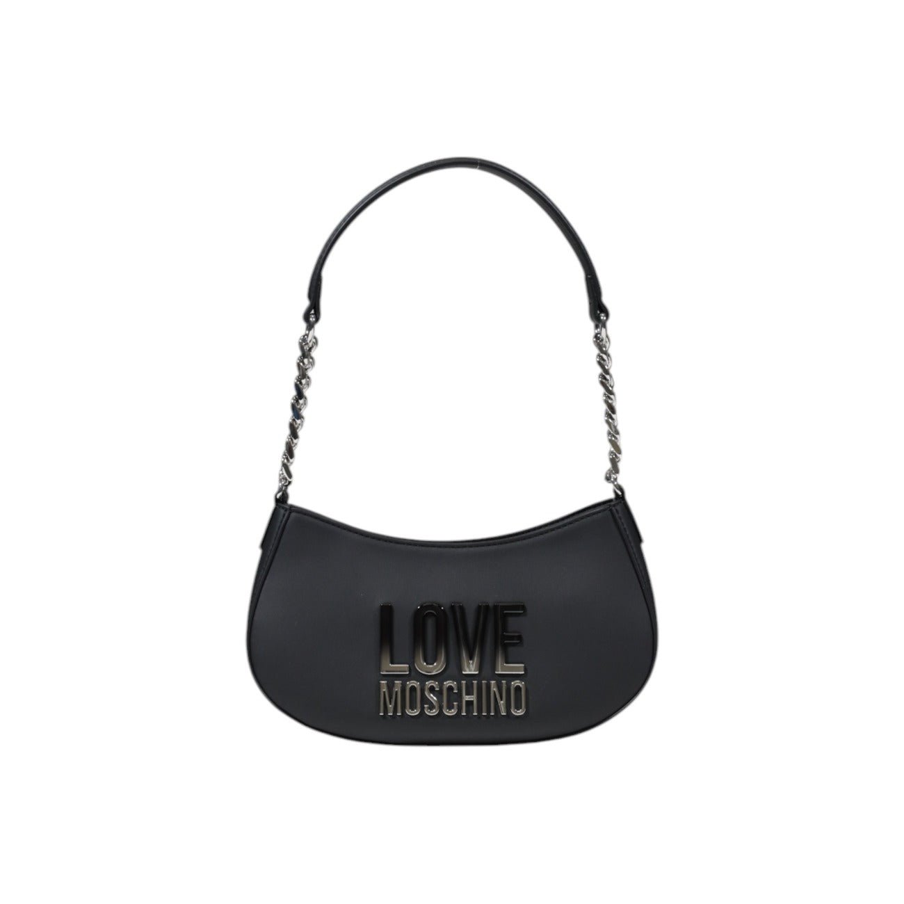 Front of Love Moschino grey handbag with silver-tone chain strap and bold front logo, Spring/Summer collection.