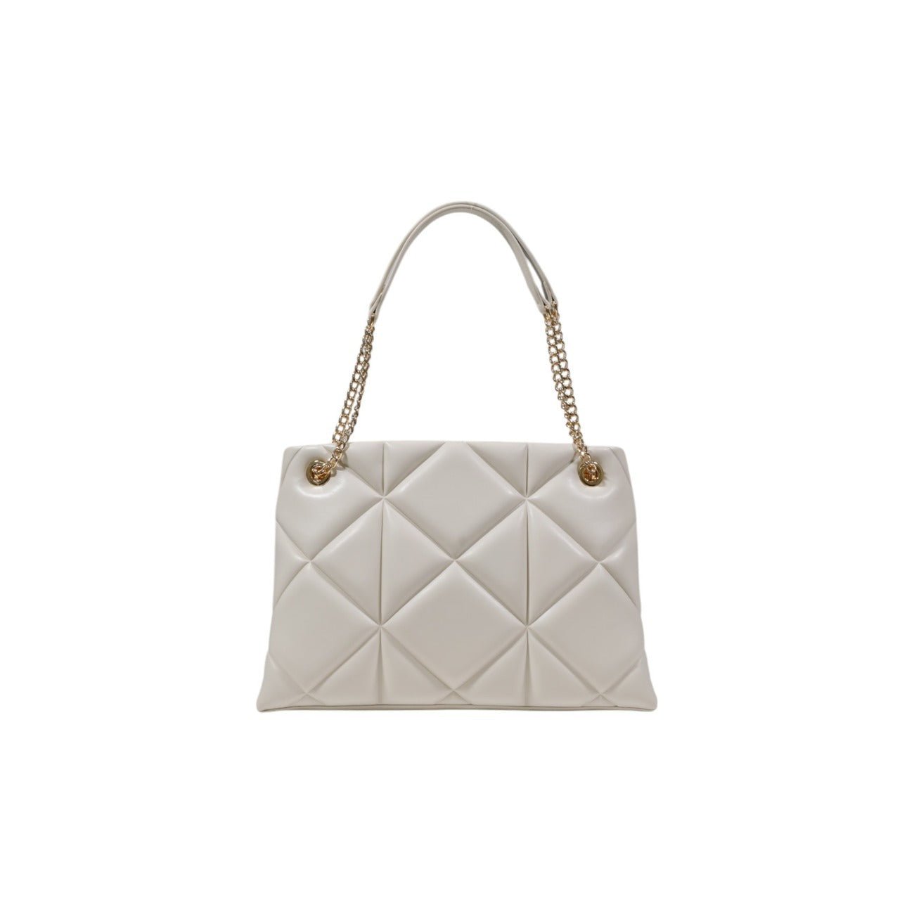 Chic quilted handbag by Love Moschino with gold logo and chain strap. Available in black or beige.