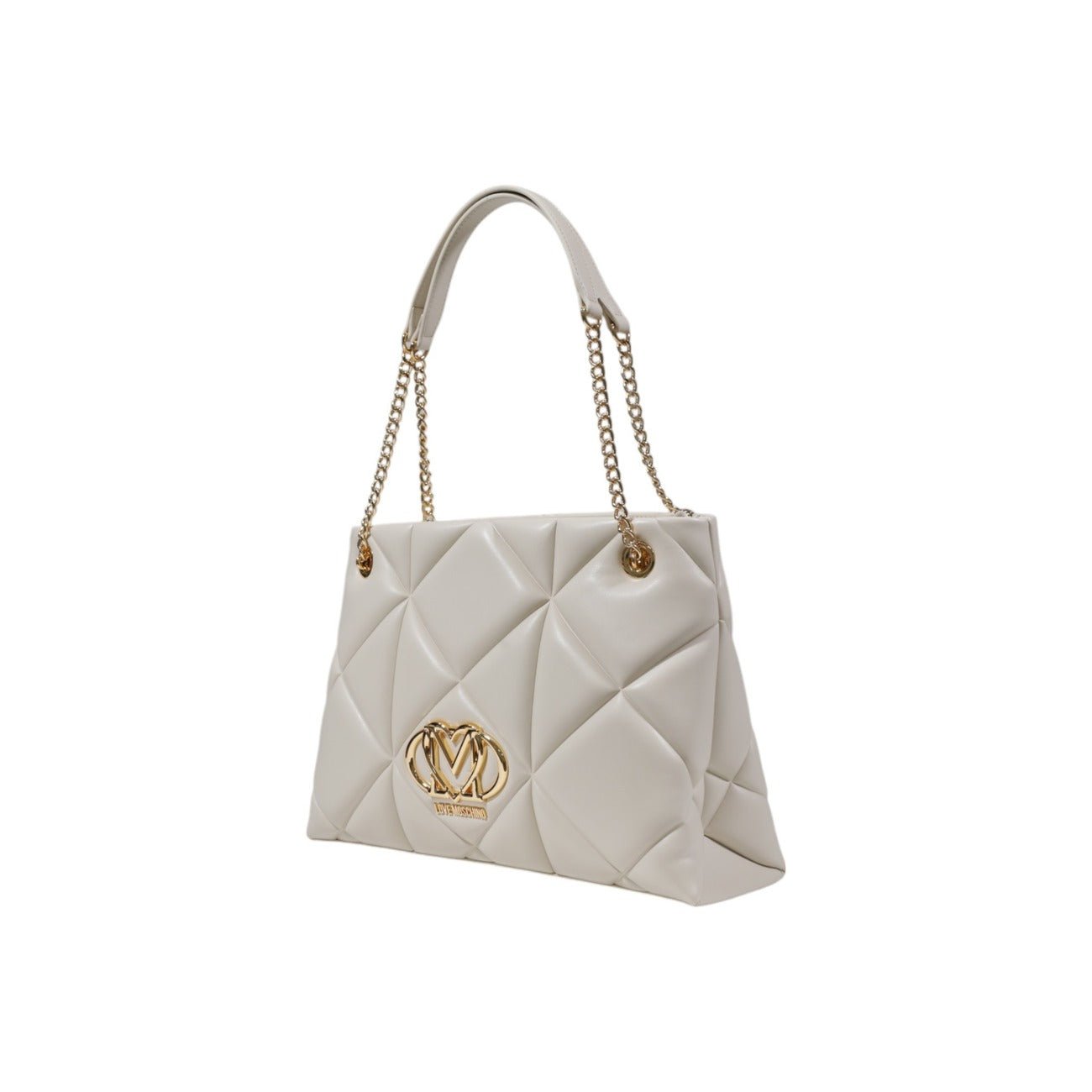 Chic quilted handbag by Love Moschino with gold logo and chain strap. Available in black or beige.