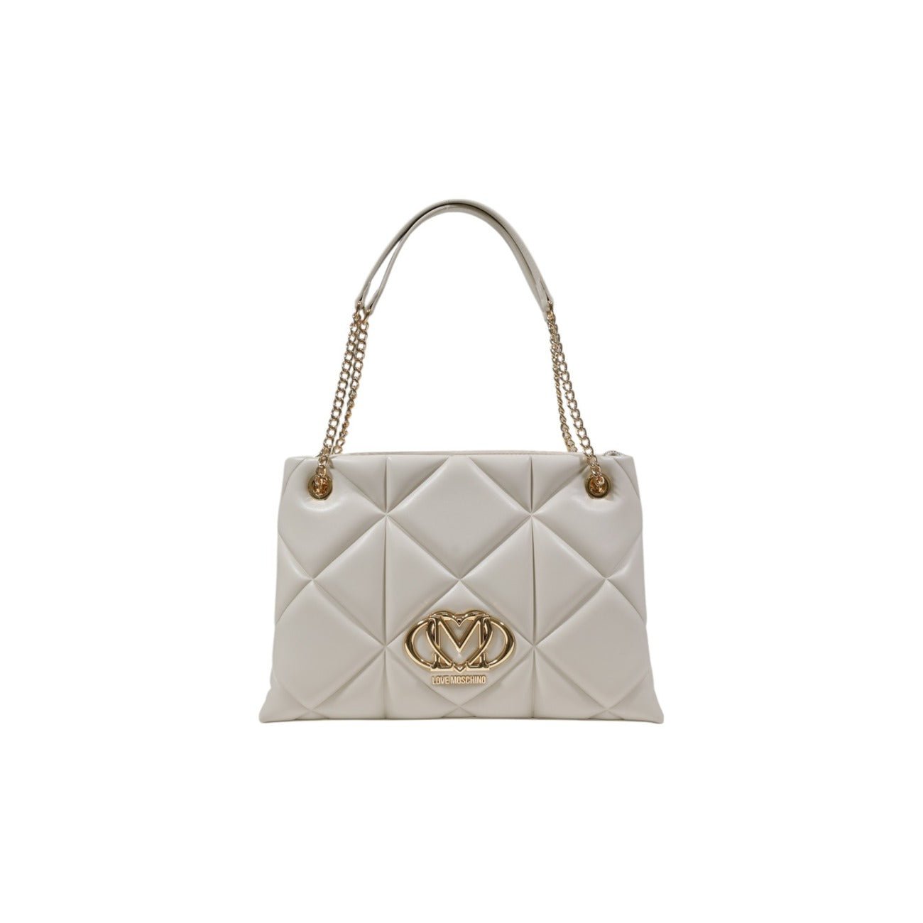 Chic quilted handbag by Love Moschino with gold logo and chain strap. Available in black or beige.