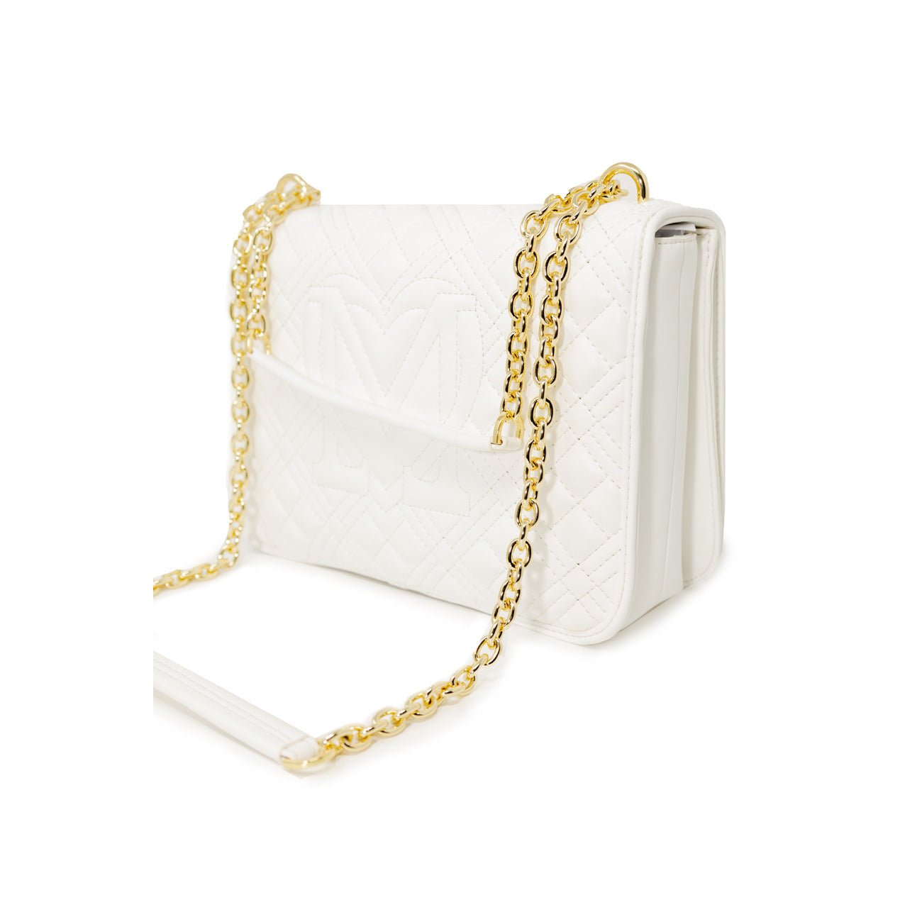 Back of the Love Moschino white quilted bag with gold logo plaque.