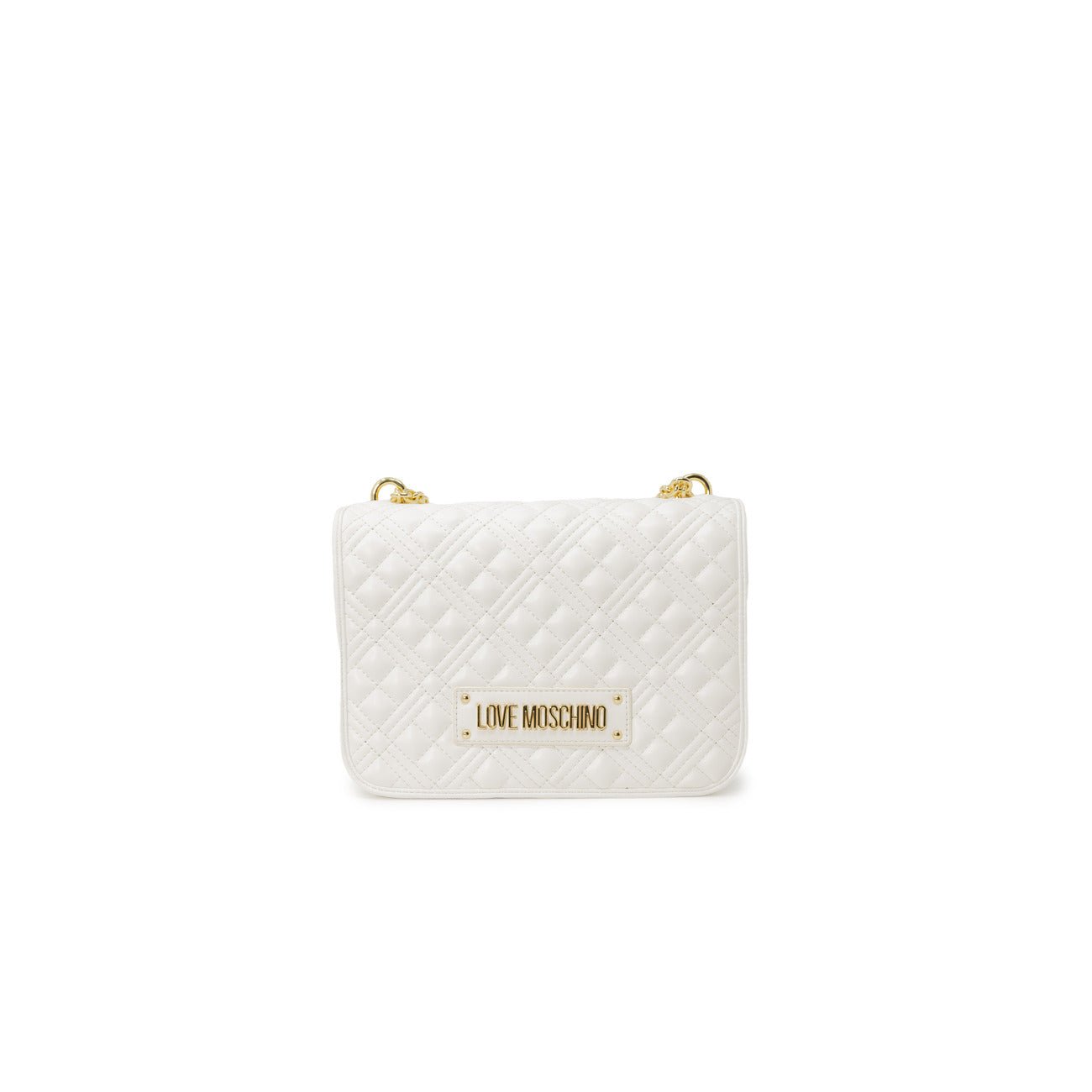 Love Moschino white quilted bag side view with gold chain and luxury detailing.