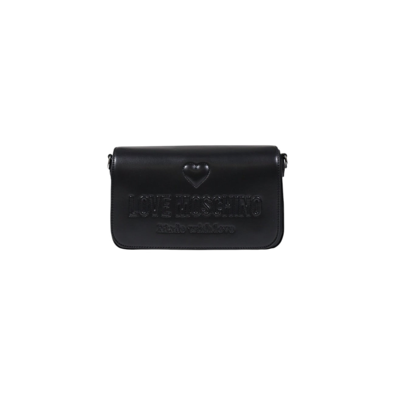 Front view of Love Moschino black shoulder bag with logo strap and embossed heart detail