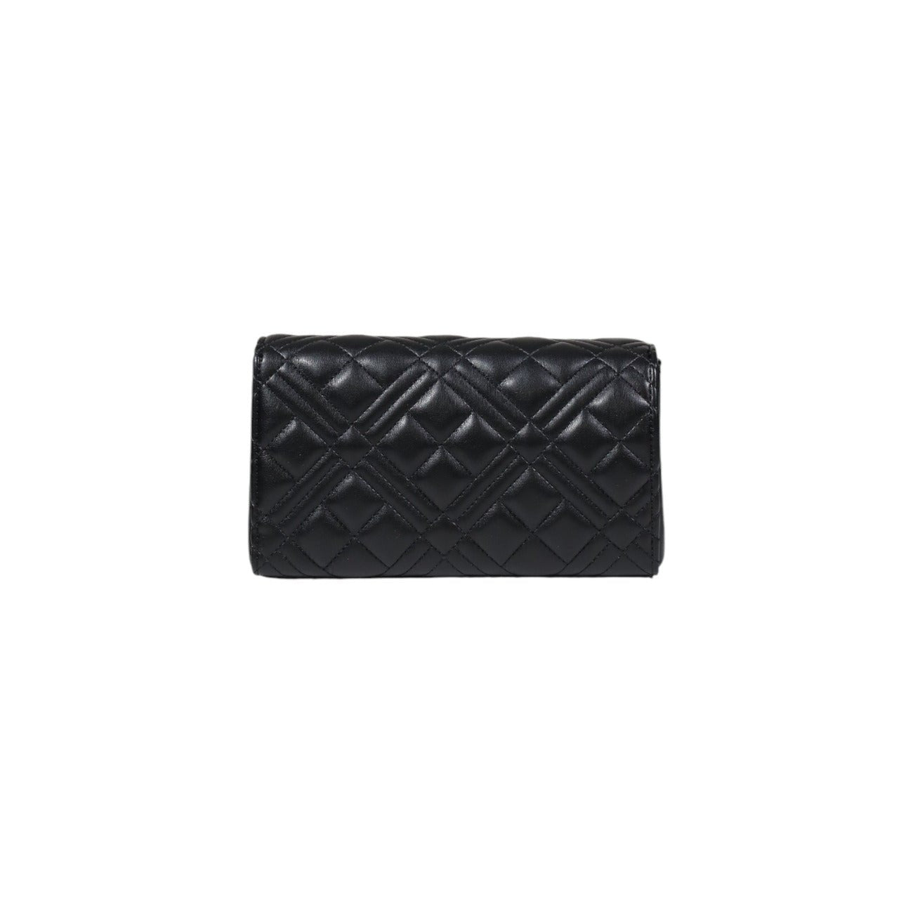 Love Moschino black quilted shoulder bag with clip closure and gold logo.
