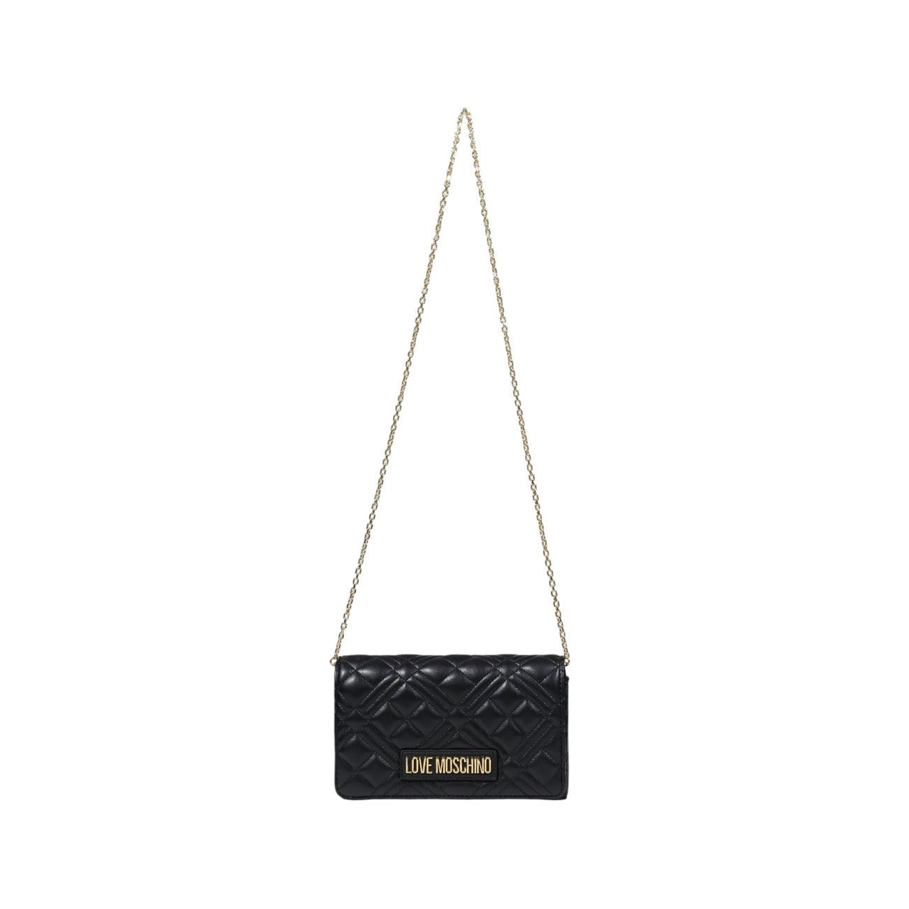 Sophisticated Love Moschino black quilted shoulder bag with clip closure and gold logo.