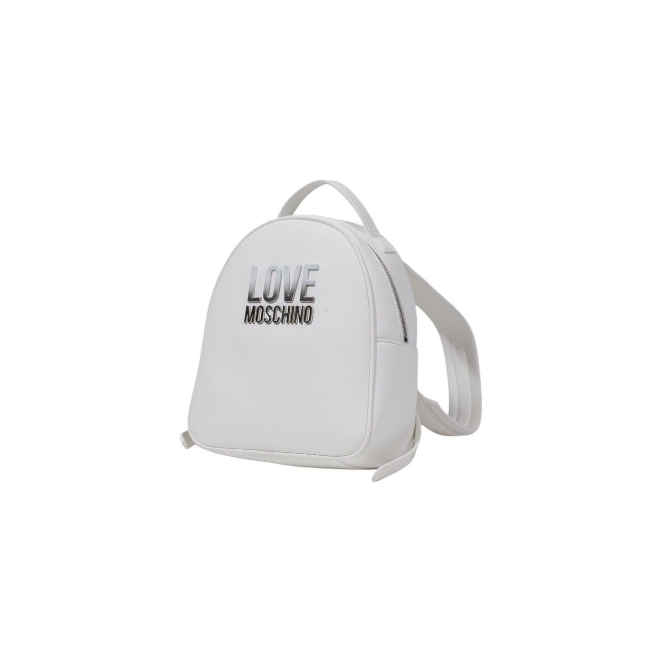 Side view of Love Moschino white backpack with adjustable straps and minimalist design