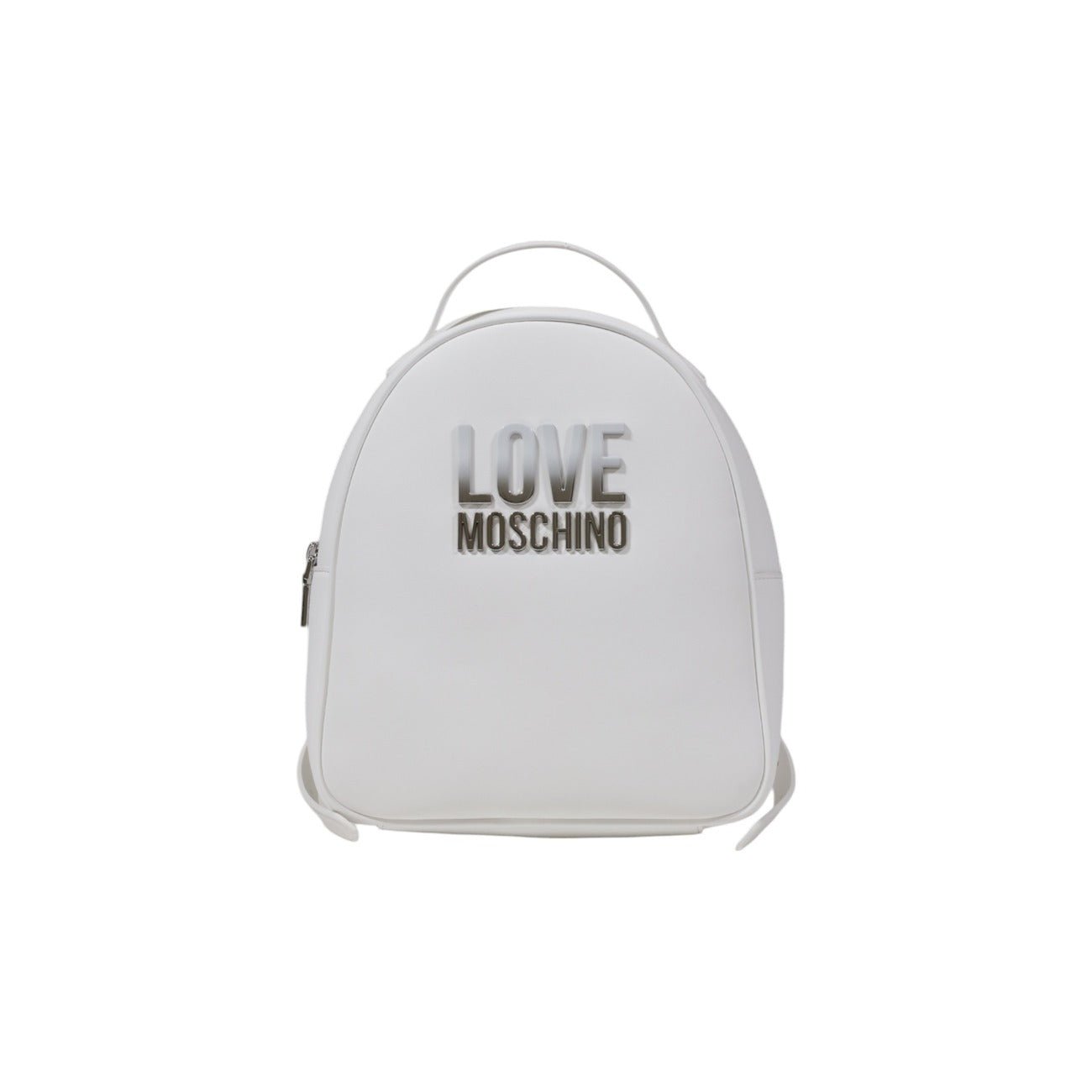 Love Moschino white backpack with silver logo and zip closure – Spring/Summer collection.
