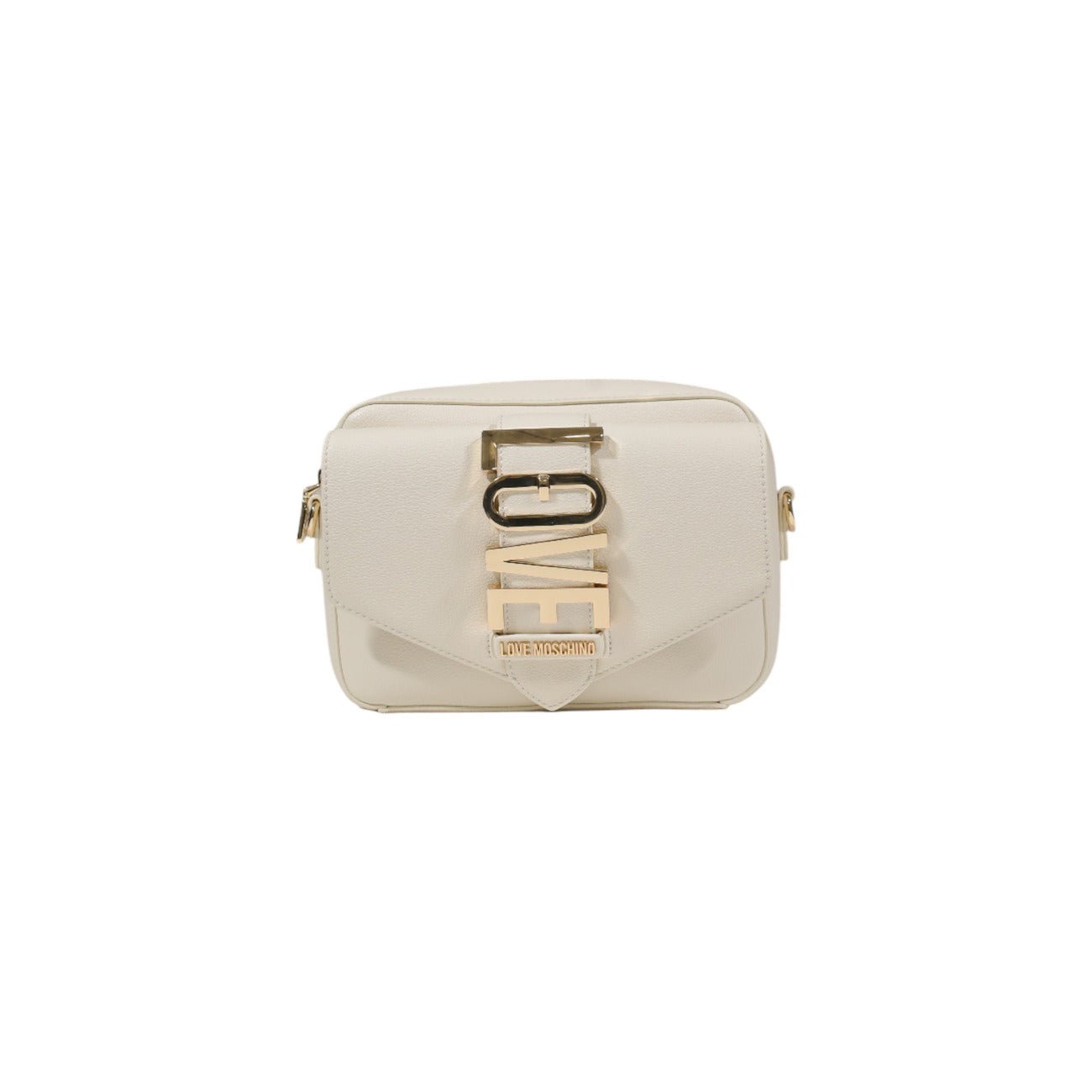 White Love Moschino crossbody bag with adjustable strap and gold "LOVE" lettering in front view.