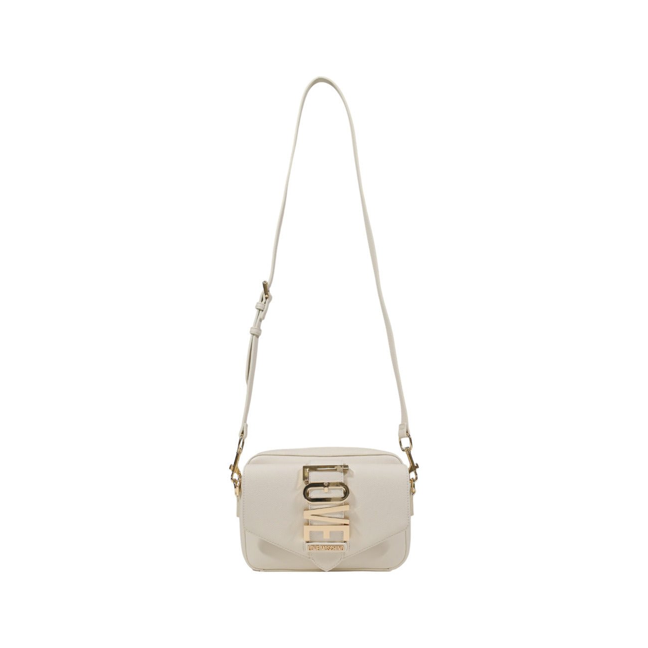 White Love Moschino crossbody bag with adjustable strap and gold "LOVE" lettering.