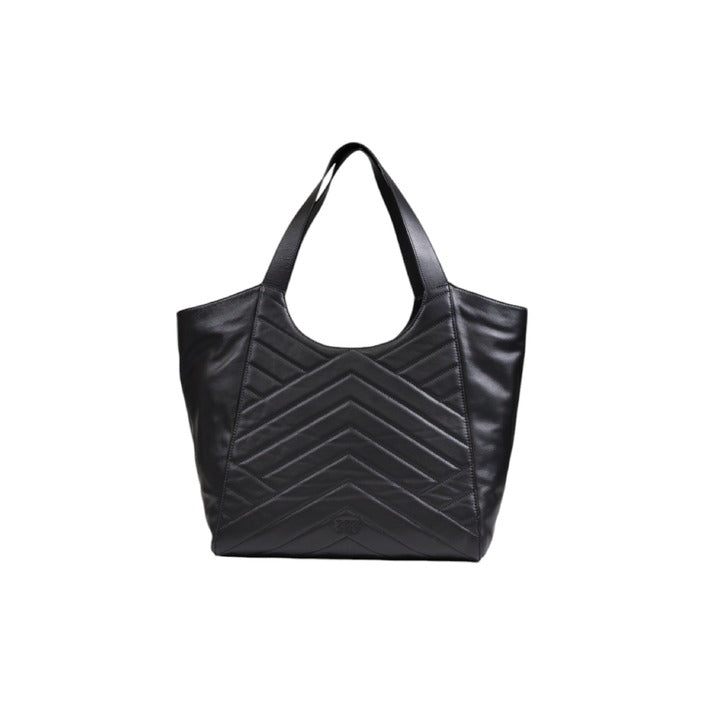 Pinko large black leather tote bag with chevron quilted design, back view.