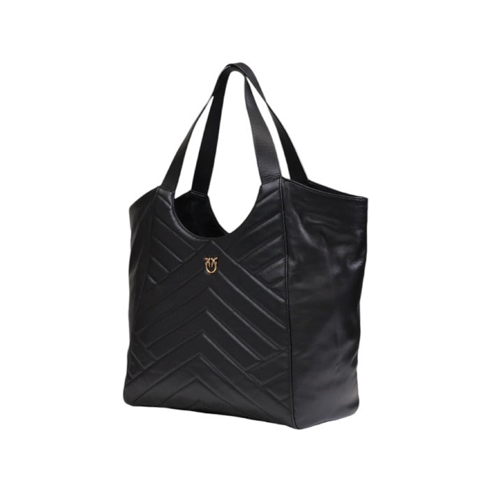 Pinko large black leather tote bag with chevron quilted design, side view.