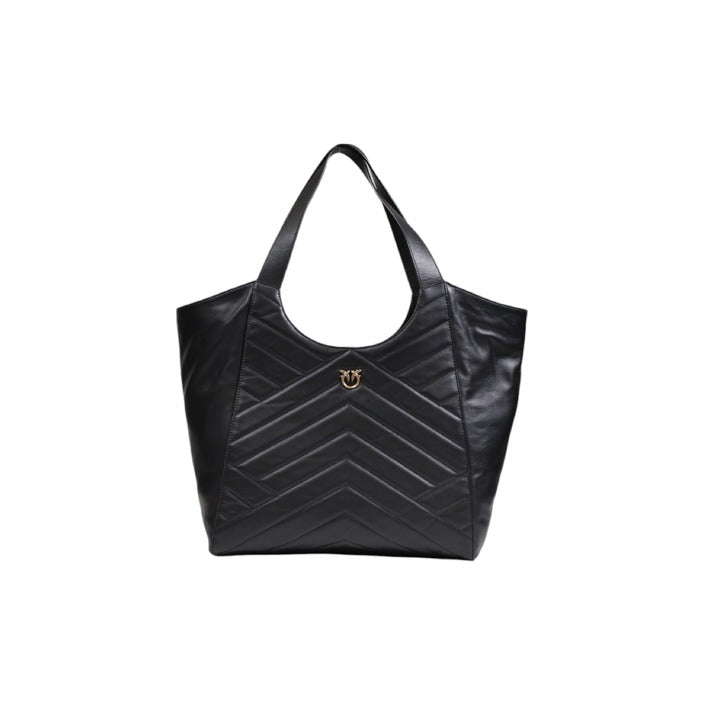 Women’s spacious black tote by Pinko in genuine leather with quilted details, front view.