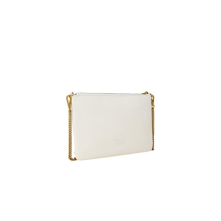 Back view of Pinko Love Icon Bag in beige leather with gold chain strap and Pinko emblem on the front