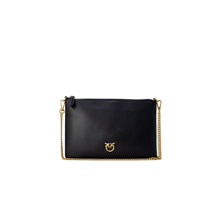 Front view of Pinko Love Icon Bag in black leather with gold chain strap and Pinko emblem on the front