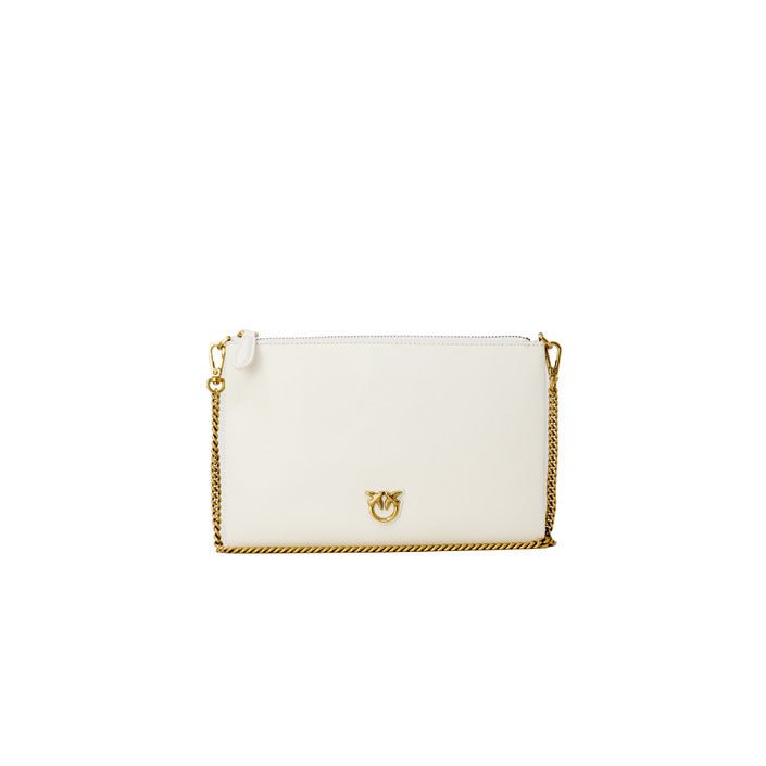 Front view of Pinko Love Icon Bag in beige leather with gold chain strap and Pinko emblem on the front