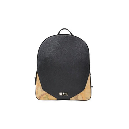 Front view of luxury italian backpack in black with distinctive Geo map pattern by Alviero Martini Prima Classe.