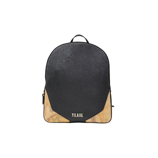 Front view of luxury italian backpack in black with distinctive Geo map pattern by Alviero Martini Prima Classe.