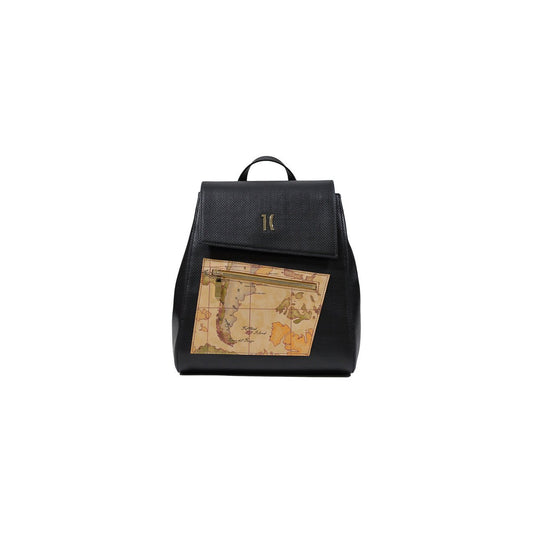 Alviero Martini Prima Classe black backpack with geo map print front pocket, front view.