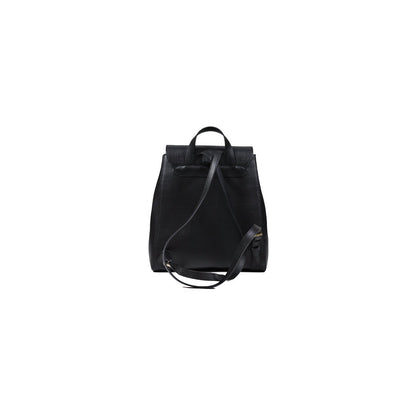 Alviero Martini Prima Classe black backpack with geo map print front pocket, back view.