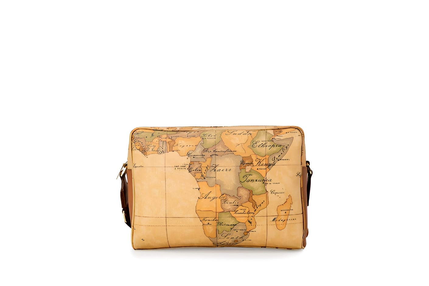 Back view of beige geo map print shoulder bag by Alviero Martini Prima Classe with adjustable strap