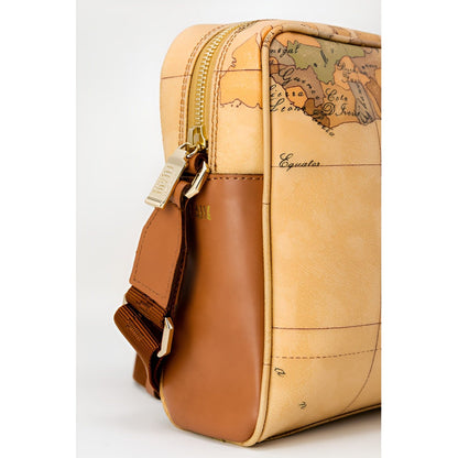 Detail of gold zipper on Alviero Martini Prima Classe beige geo map bag.
