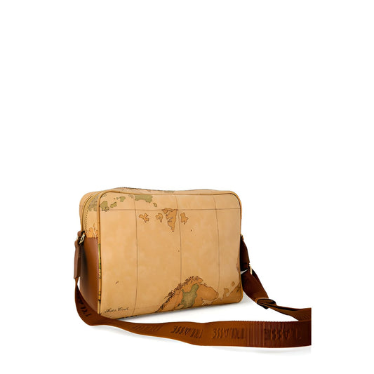 Alviero Martini Prima Classe beige shoulder bag with geo map print, side view
