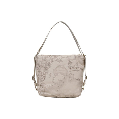 Back view of women’s beige geo map bag by Alviero Martini Prima Classe with adjustable shoulder strap.