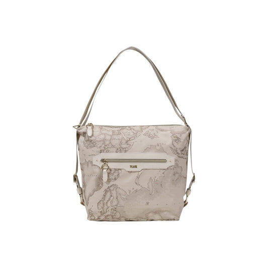 Fromt view of beige geo map shoulder bag featuring gold-tone zipper and logo by Alviero Martini Prima Classe.