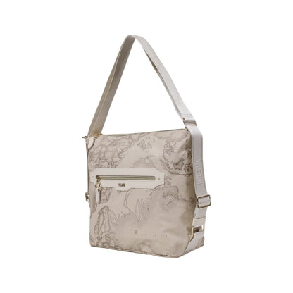 Alviero Martini Prima Classe beige shoulder bag with geo map print and zip closure, side view.