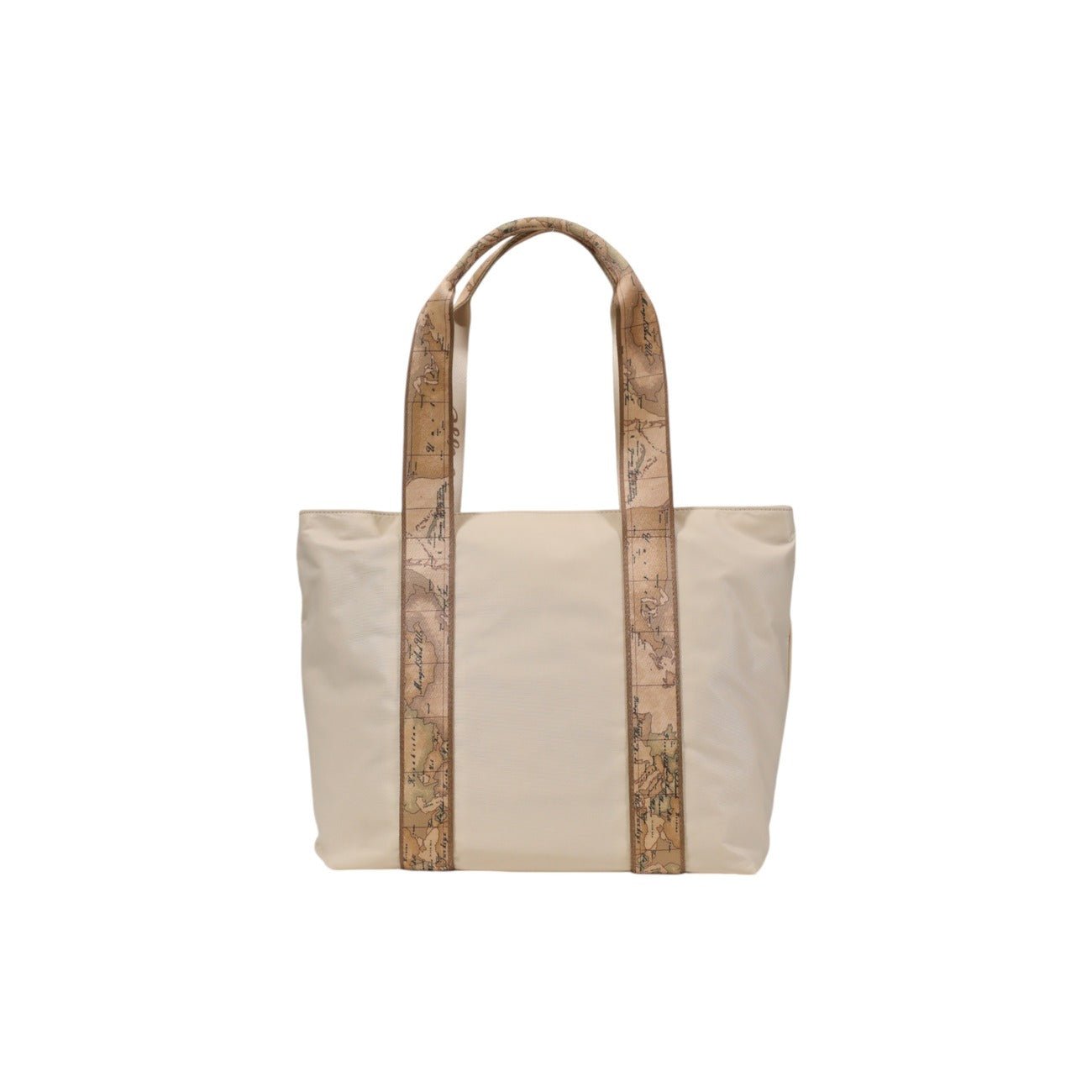 Back view of Alviero Martini Prima Classe beige tote bag with Geo-map patterned handles.