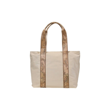 Back view of Alviero Martini Prima Classe beige tote bag with Geo-map patterned handles.