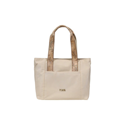 Front view of Alviero Martini Prima Classe beige tote bag with Geo-map patterned handles.