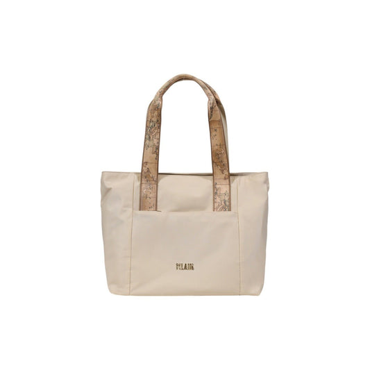 Front view of Alviero Martini Prima Classe beige tote bag with Geo-map patterned handles.